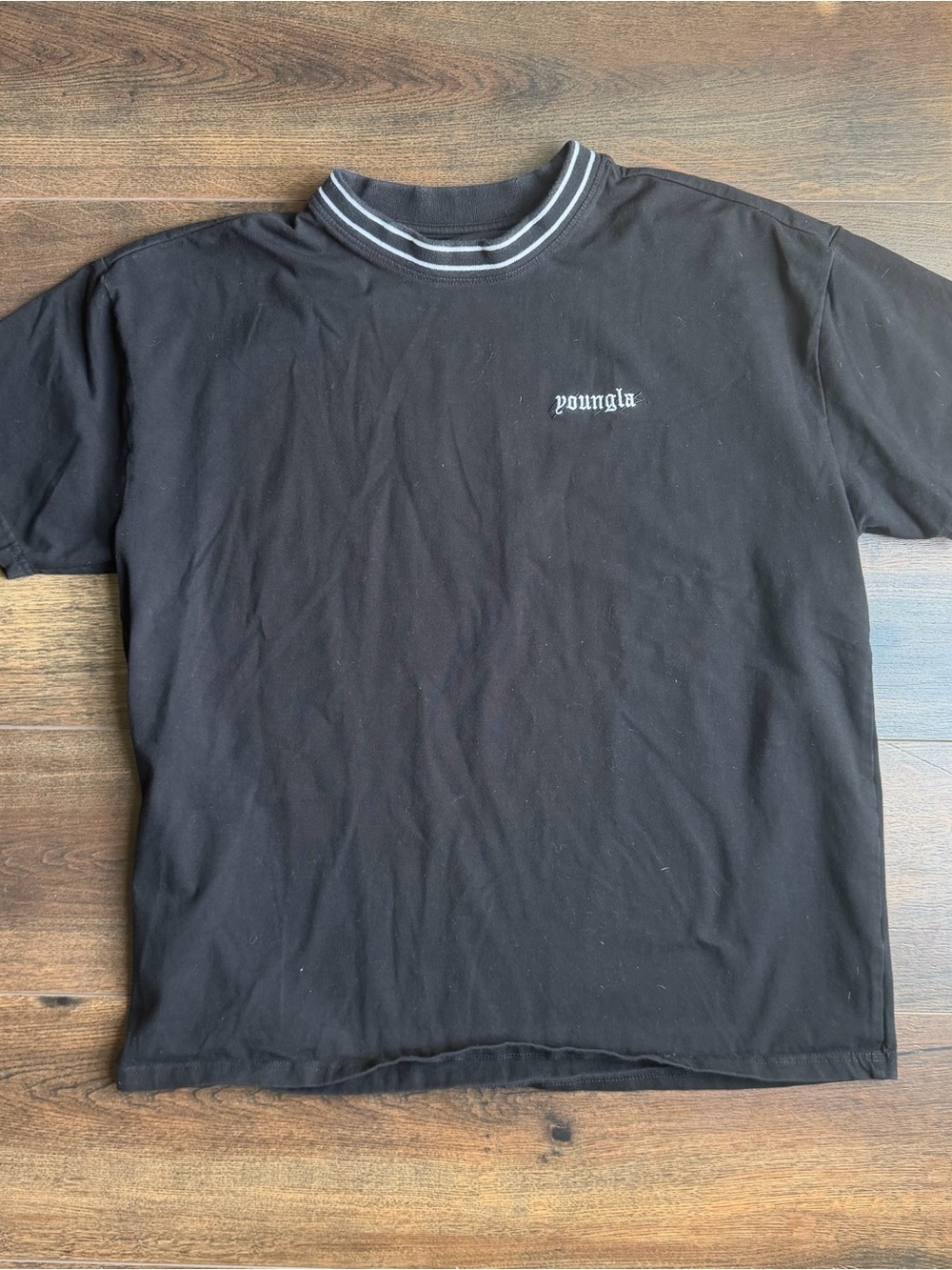 YoungLA Black Tee with White-Trim Ribbed Collar